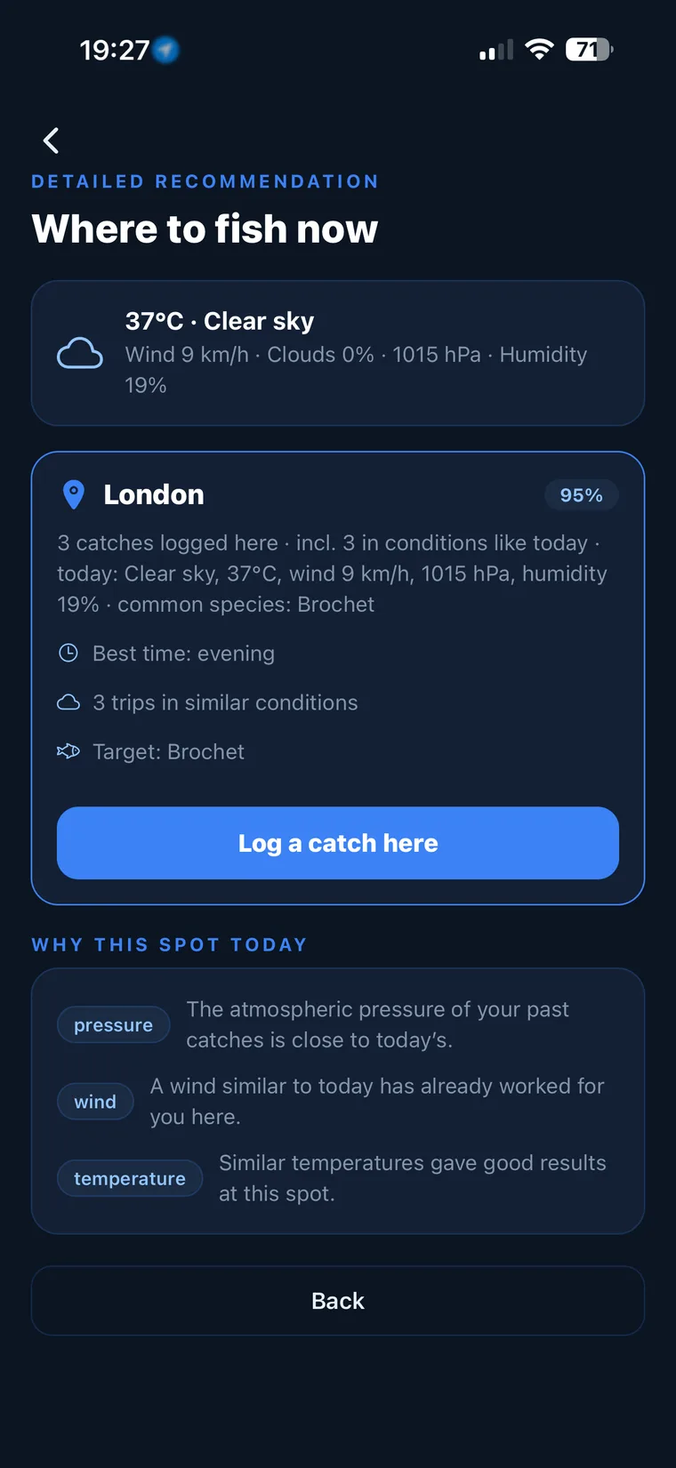 CarnaFish app: the game plan generated for a fishing spot