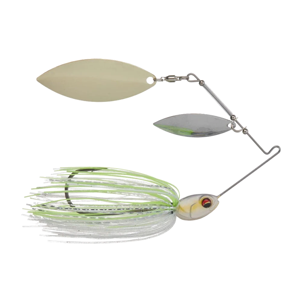 6th Sense Divine Spinnerbait, Arm aus Stahldraht, Metallblätter, 3D-Kopf mit holografischen Augen und handgebundener Silikonskirt