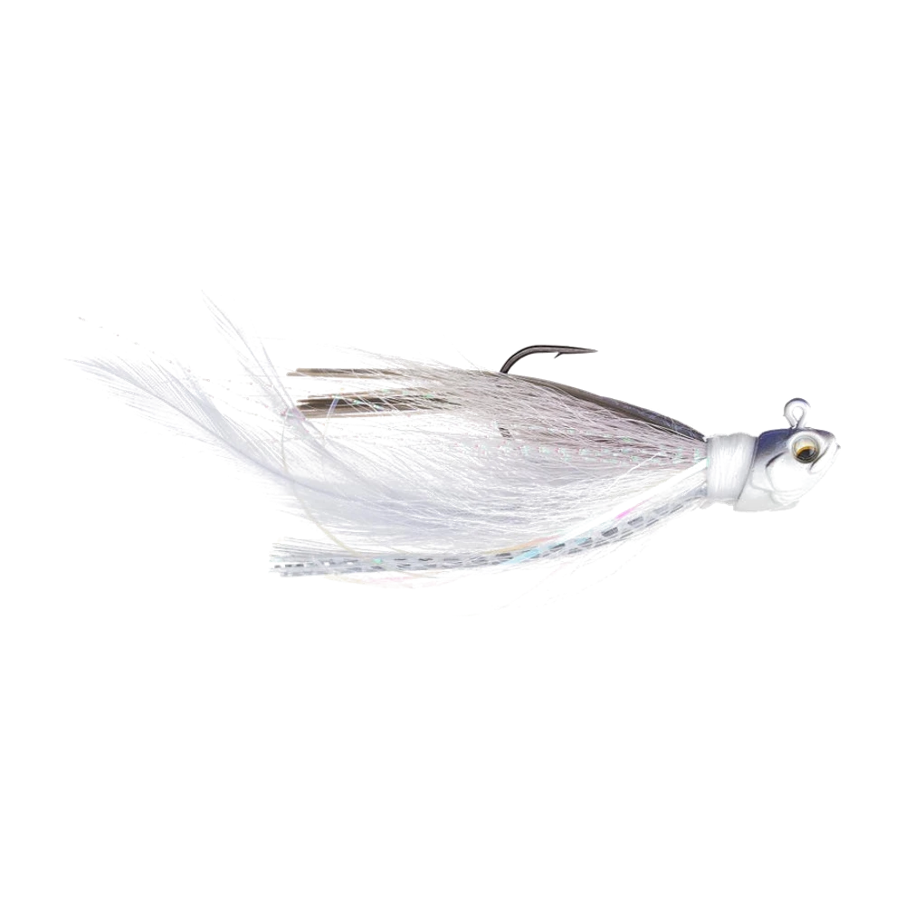 6th Sense Flock Hair Jig, tête plombée compacte et jupe mêlant poils de bucktail, plumes de canard et brins de mylar