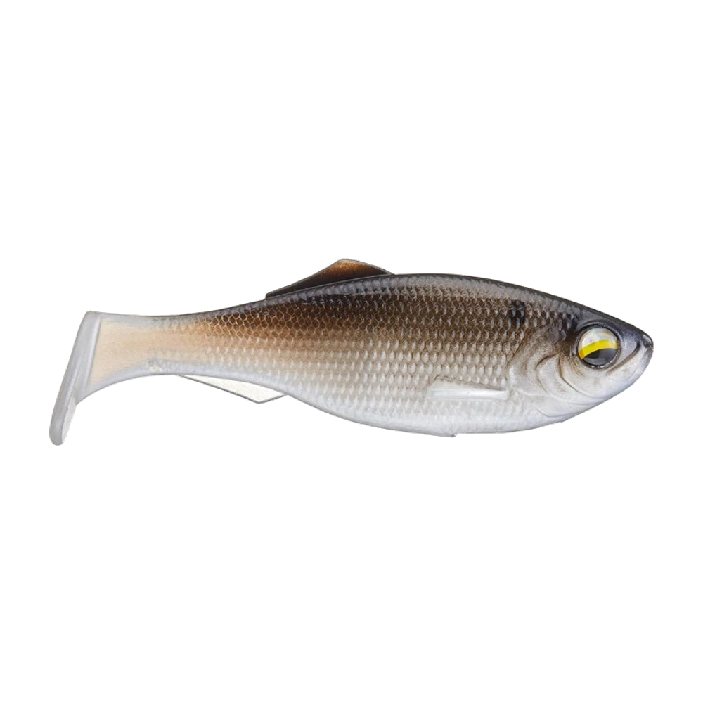 6th Sense Super Sweep, shad souple à queue botte vu de profil, corps détaillé avec écailles et fente dorsale pour hameçon