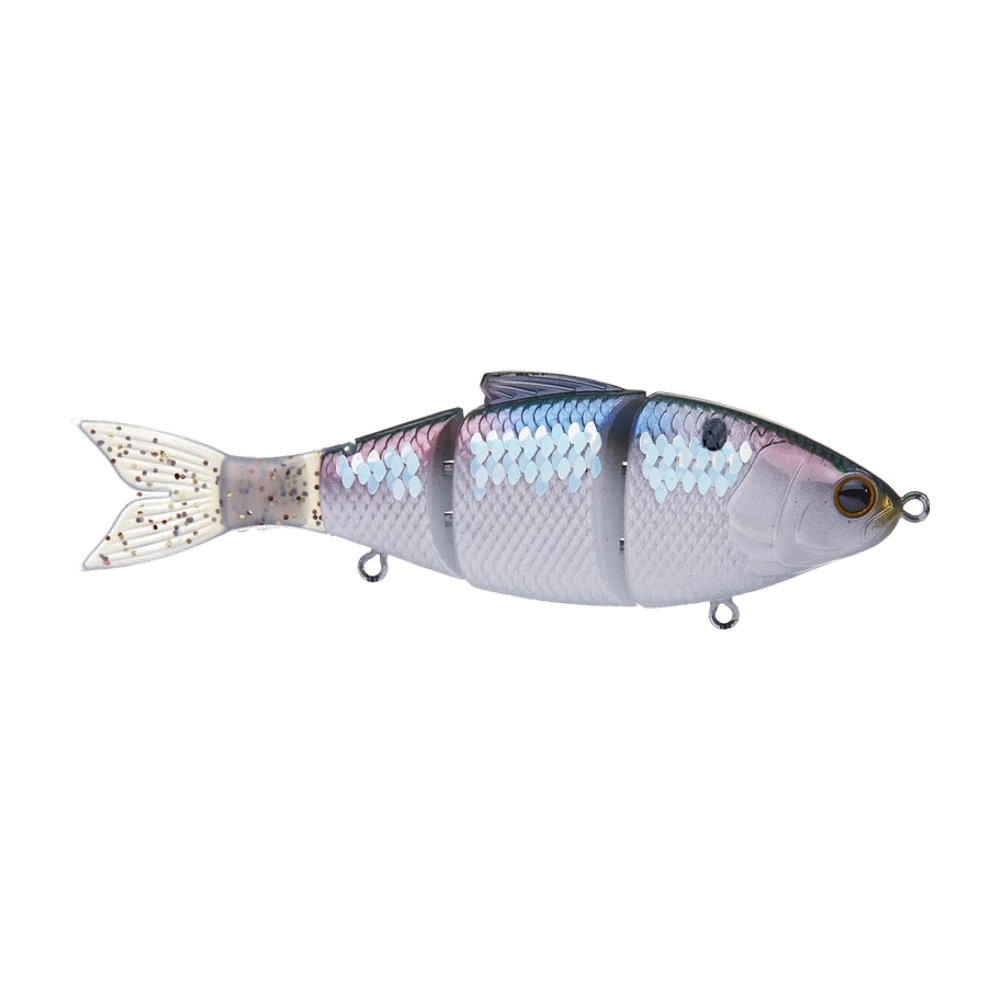 6th Sense Trace 5 vu de profil, corps dur en quatre segments, flancs blanc nacré écaillés avec marques bleu clair et reflets rosés, nageoire dorsale sombre, œil 3D cuivré, queue souple fourchue pailletée brun, leurre présenté sans triples, seuls les anneaux brisés ventraux sont visibles