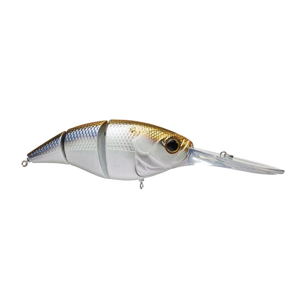 6th Sense Unit 24 de profil, crankbait articulé à trois segments, dos doré bronze écaillé, flancs argentés et ventre blanc, gros œil 3D noir cerclé de doré, longue bavette plongeante en plastique translucide avec l'anneau d'attache sur la bavette, leurre photographié sans triples montés