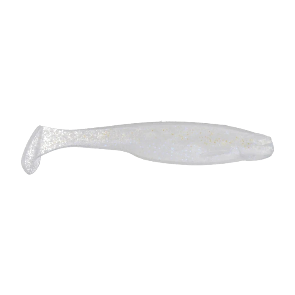 6th Sense Whale Swimbait in durchscheinendem Perlweiß mit goldenem und blauem Glitter, nackter Gummiköder ohne montierten Haken, breiter Paddeltail und angeformte Kiemendeckel