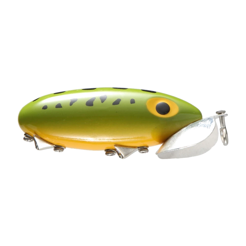 Arbogast Jitterbug coloris grenouille, dos vert pomme moucheté de noir, ventre jaune orangé, gros œil jaune à pupille noire, bavette métallique en double cuvette et deux hameçons triples sous le corps
