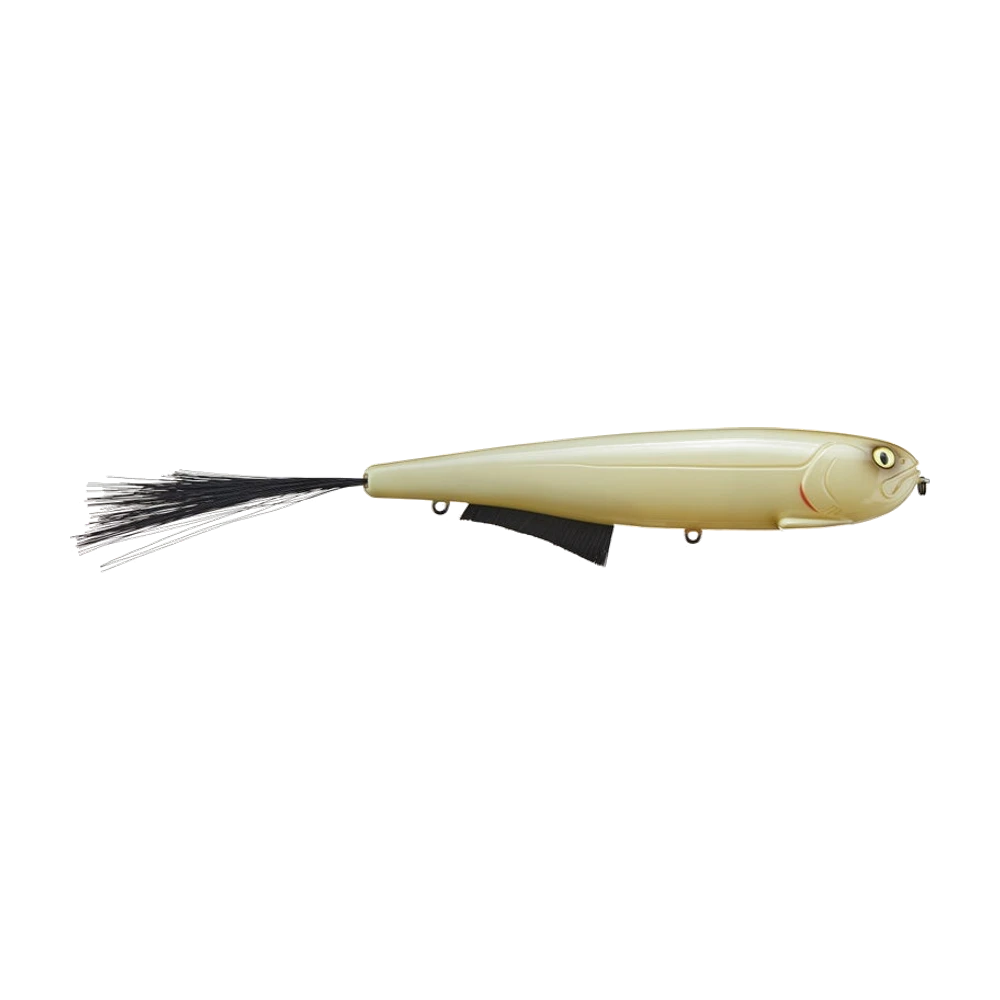 Baitsanity Antidote Broom Walker GT coloris crème uni, corps long et fuselé, œil jaune réaliste, queue de poils noirs en V, plastron de soies noires sous le ventre, anneau de tête et deux porte-hameçons visibles mais sans triple monté