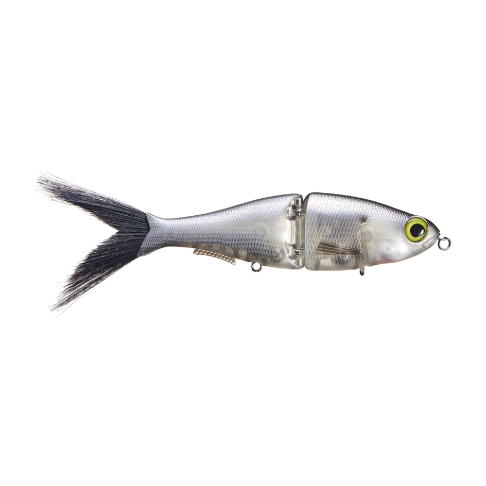 Baitsanity Chimera Shad glidebait deux segments, flancs argent nacré écaillés, dos gris foncé, gros œil jaune à pupille noire, queue en poils noirs touffue, charnière métallique apparente, anneau de tête et porte-hameçons visibles mais sans triple monté