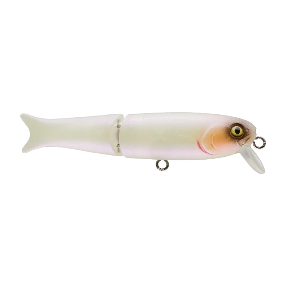 Baitsanity Micro BFS Glide Crank Minnow, petit leurre dur articulé en deux segments, corps blanc nacré aux reflets rosés et mauves, joue orangée, trait de bouche rouge, gros œil jaune doré à pupille noire, courte bavette translucide, anneau de tête et porte-hameçon ventral visibles sans triple monté