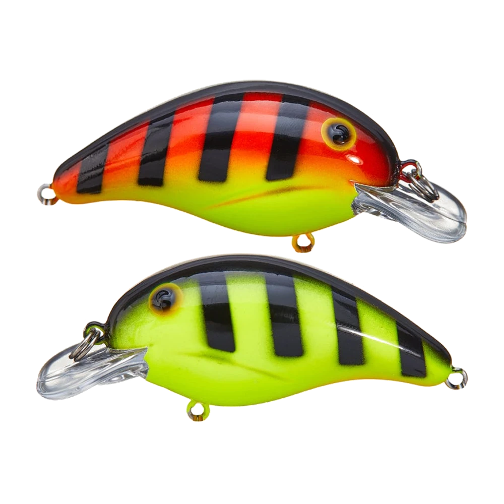 Due Bandit 100 Series affiancati, dorso scuro e fianchi barrati di nero, uno arancione con ventre chartreuse e uno interamente chartreuse, paletta corta trasparente, senza ancorette montate