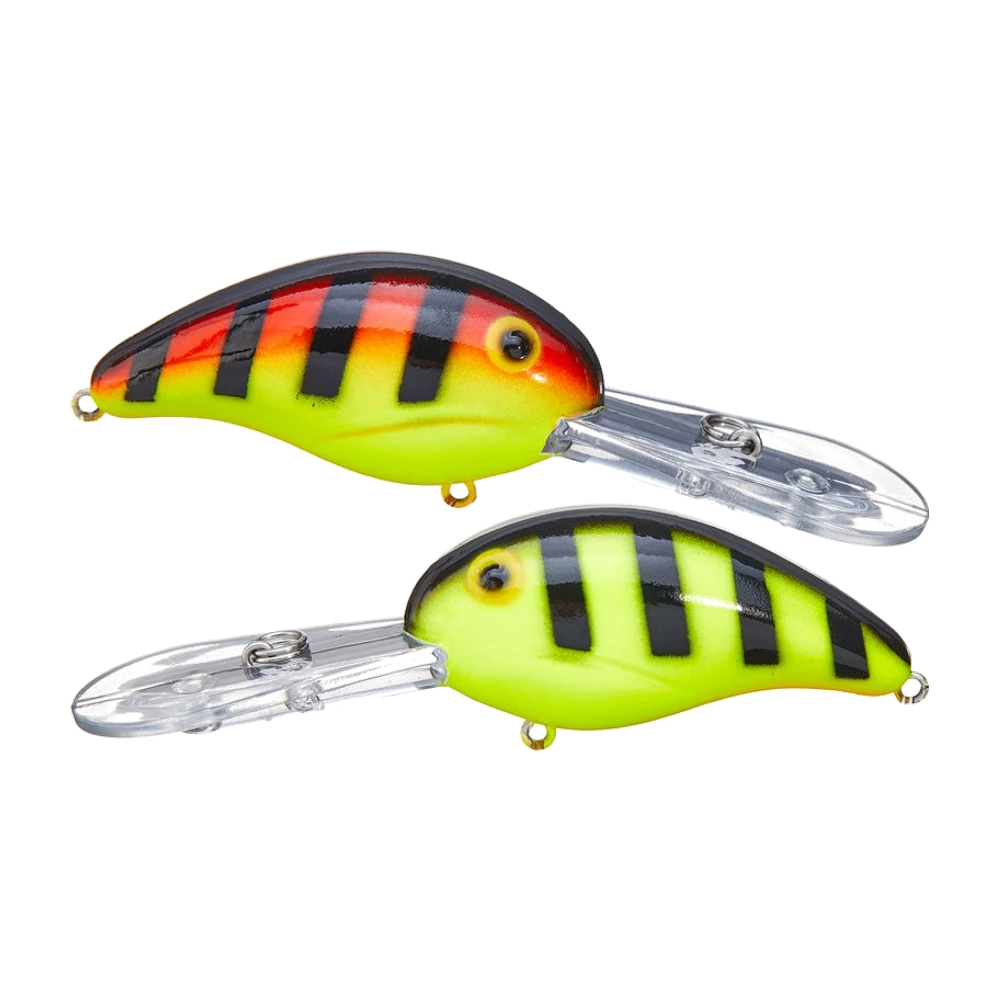 Deux Bandit 300 Series côte à côte, dos noir et flancs rayés de barres noires, l'un orange à ventre chartreuse, l'autre entièrement chartreuse, longue bavette translucide à vis apparente, sans hameçons montés
