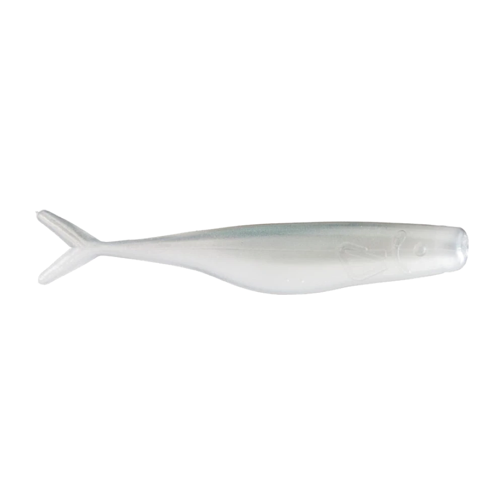 Bass Assassin Split Tail Shad blanc nacré translucide à reflets bleutés sur le dos, œil, opercule et nageoire pectorale moulés, queue fendue en deux pointes, leurre nu non monté