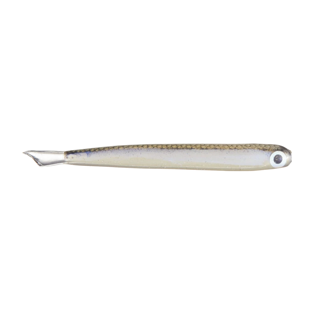 Basstrix Flash Trix, kleiner Weichplastik-Minnow mit durchscheinend perlmuttfarbenem Bauch und glitzerndem olivgoldenem Rücken, großes holografisches Auge in Weiß und Schwarz, durchsichtige Gabelschwanzflosse, nackter Köder
