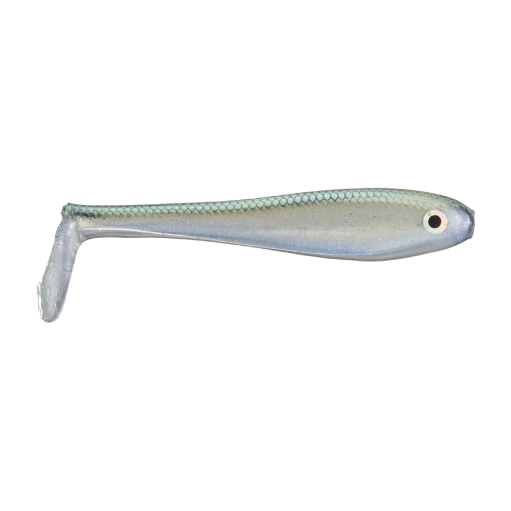 Basstrix Paddle Tail Swimbait nu, corps creux translucide perle pailleté, dos vert écaillé, gros œil holographique noir et blanc, queue paddle, sans hameçon
