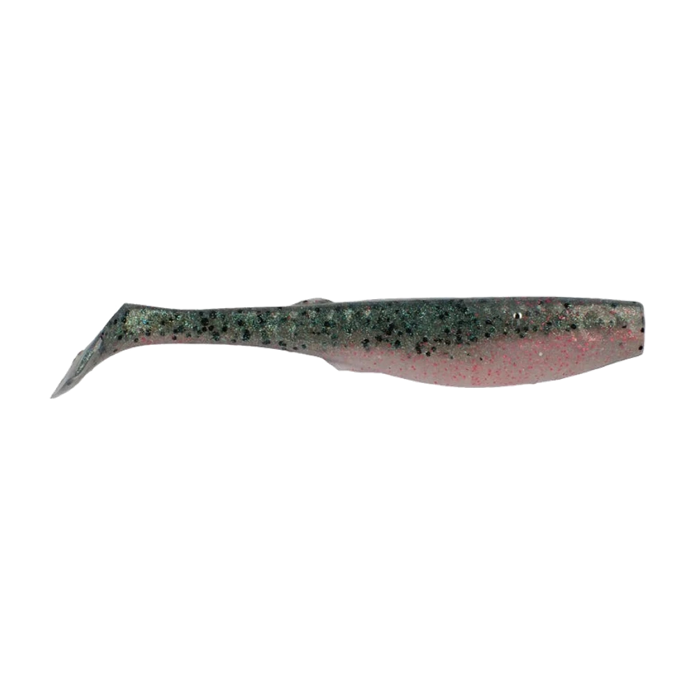 Berkley Gulp Paddleshad fotografato nudo, dorso verde grigio puntinato di nero, ventre rosa glitterato, larga coda a paletta, senza amo