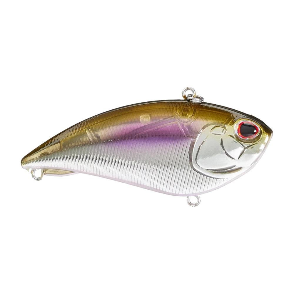 Berkley Jack 8 Lipless, dos olive doré, flanc violet, ventre chromé strié de branchies, gros œil rouge à pupille noire, anneaux dorsal et ventral sans hameçon monté