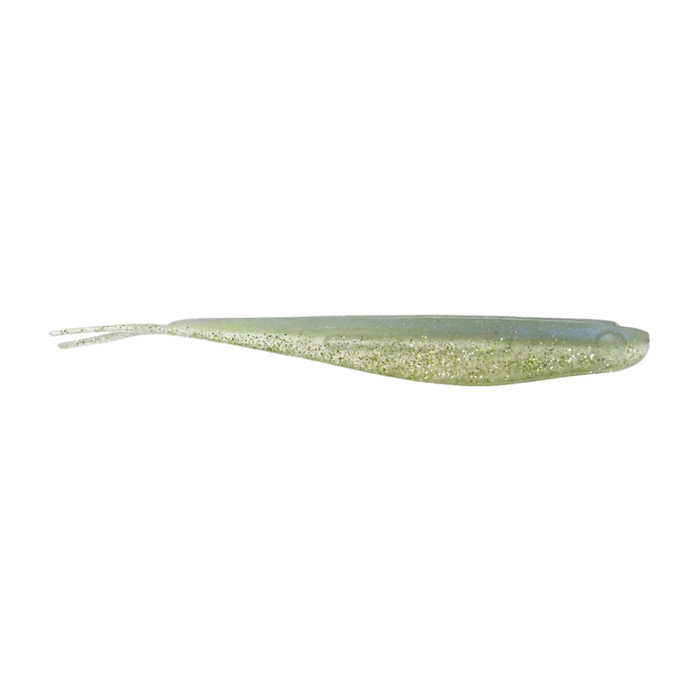 Berkley Lab Series Minnow nackt fotografiert, durchscheinender chartreusegrüner Körper mit viel Gold- und Silberglitter, bläulicher Rücken, gegabelter Schwanz mit zwei Spitzen, ohne Haken