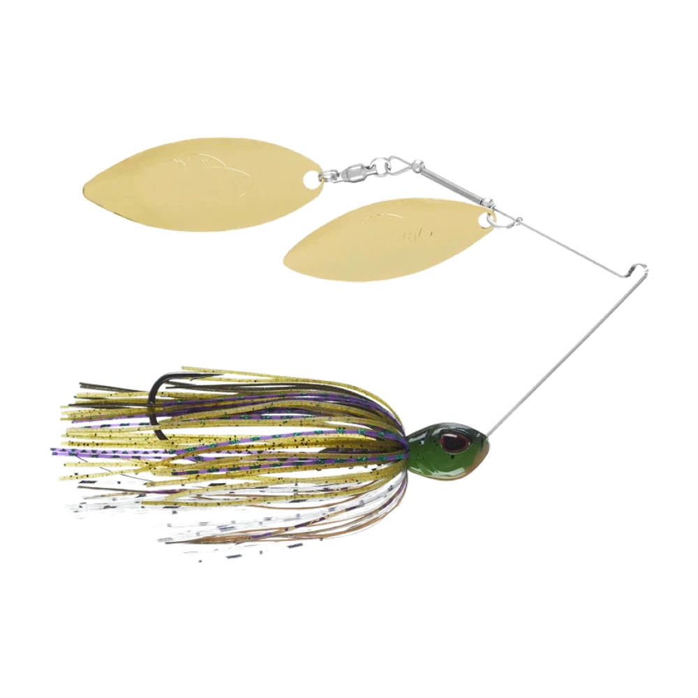 Berkley Power Blade Double Willow monté nu, sans trailer : deux palettes feuille dorées montées sur une armature en fil blanc avec émerillon, tête plombée vert olive à œil 3D rouge et noir, hameçon simple pointe en l'air, et jupe nouée main mêlant des brins vert-doré pailletés, violets, bruns et blancs translucides