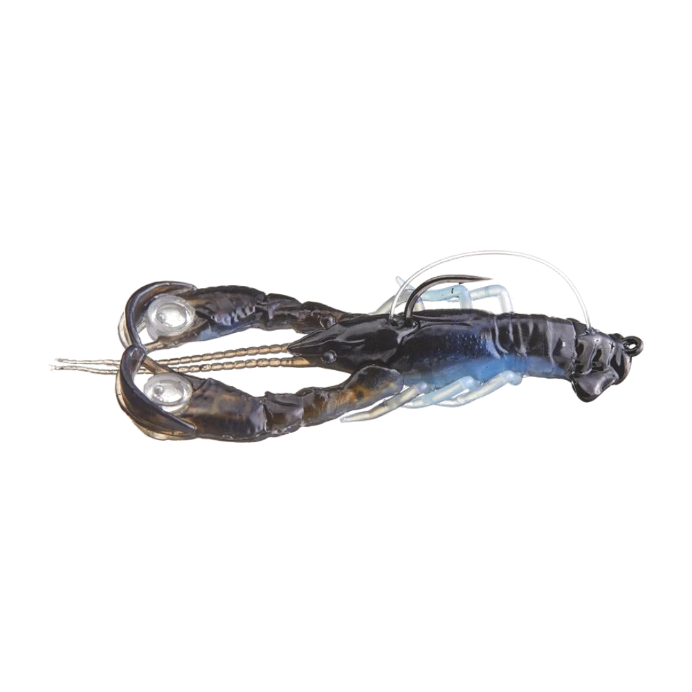 Berkley PowerBait Clatter Craw pre-armato in colorazione blu-nera, amo singolo che esce dal dorso, paraerba in fluorocarbon trasparente, sonagli chiari visibili alla base di entrambe le chele, lunghe antenne metalliche e anellino di attacco sul retro del corpo