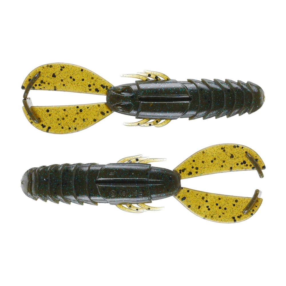 Deux Berkley Powerbait Crash Craw vus de dessus, corps vert olive sombre fortement annelé à paillettes bleu-vert, larges pinces plates jaune doré mouchetées de noir, fines antennes claires sous la tête, leurres nus sans hameçon ni plombée