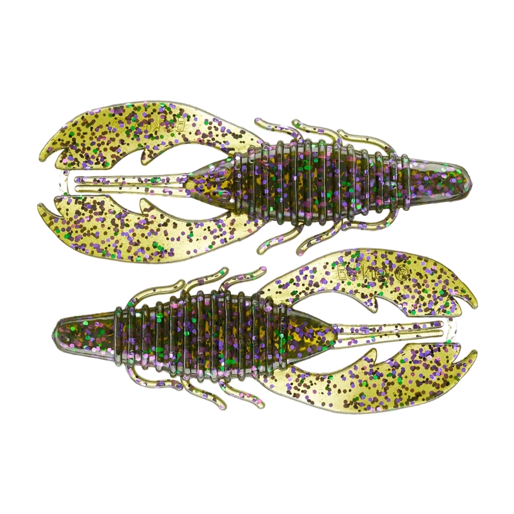 Deux Berkley Powerbait Craw Fatty vus de dessus, corps translucide vert olive annelé chargé de grosses paillettes violettes, vertes et dorées, larges pinces plates jaune pâle pailletées, fines antennes et pattes latérales, leurres nus sans hameçon