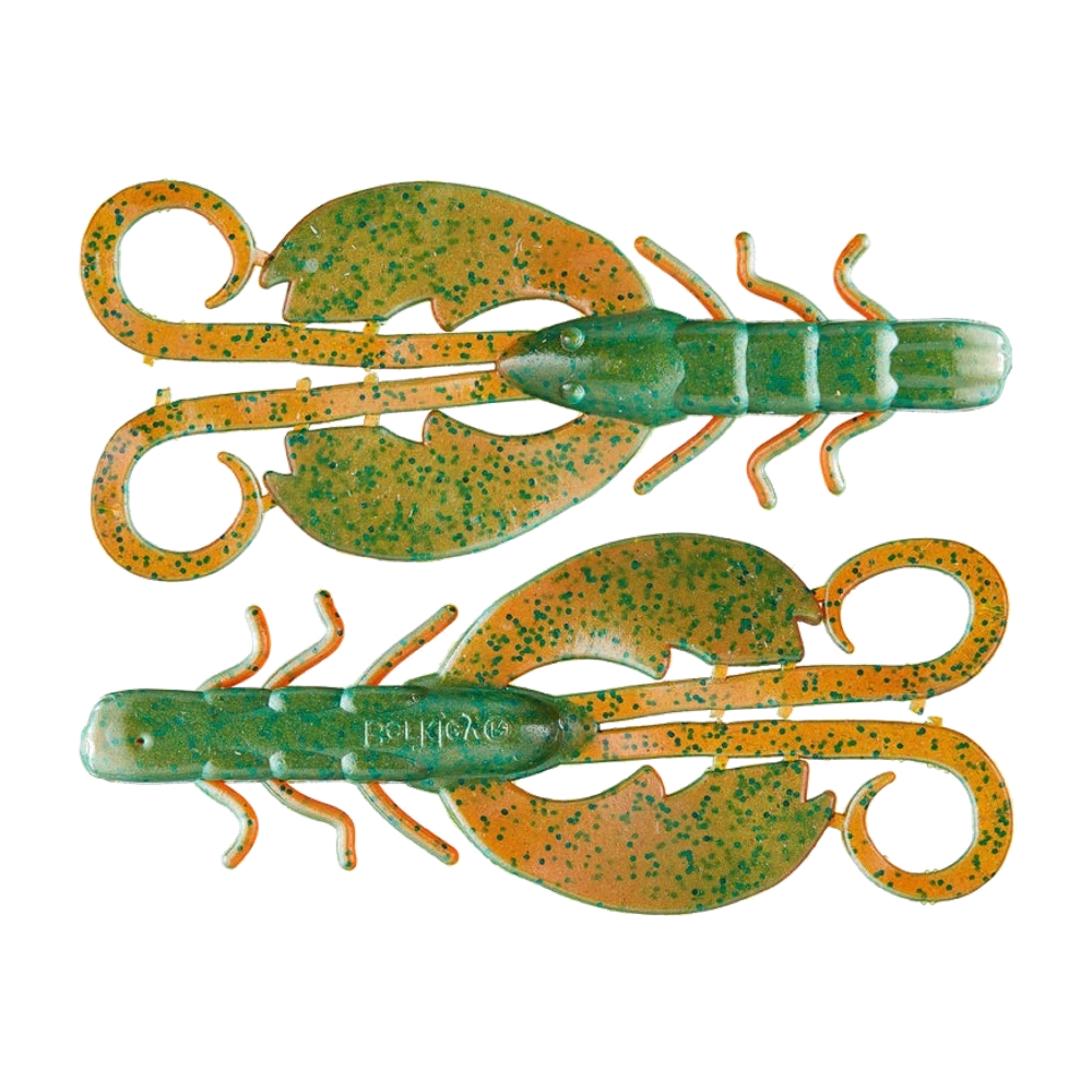 Due Berkley Crazy Legs Chigger Craw visti dall'alto, corpo verde oliva con glitter verde, chele piatte arancioni dalle punte arricciate, zampe sottili e morbide, senza amo