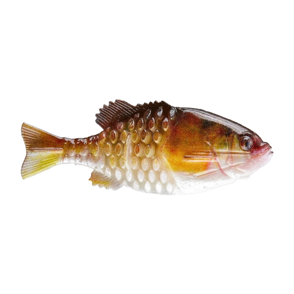 Berkley Powerbait Gilly von der Seite, hochrückiger Gummi-Swimbait in Sonnenbarsch-Form, olivbrauner Rücken, orange und gelbe Flanken mit roten Strichen, cremefarbener Bauch voller erhabener Schuppenrippen, gestreifte Brustflosse, gegabelte gelb-weiße Schwanzflosse, 3D-Auge, purer Köder ohne Haken