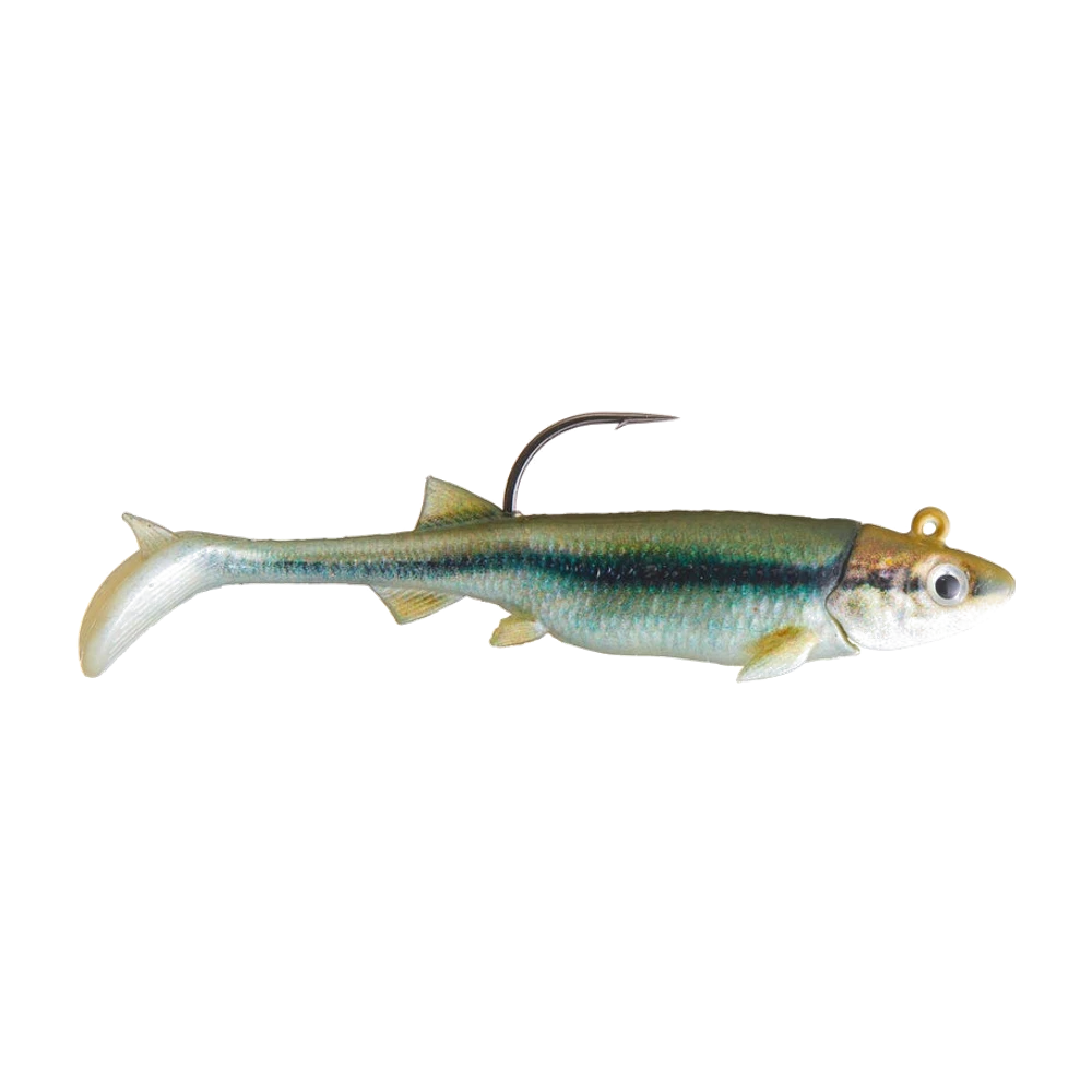 Berkley PowerBait Minnotator Swimbait, corpo da pesce foraggio con dorso verde oliva, banda laterale scura e ventre bianco perlaceo, su testina piombata con anellino superiore e amo singolo che esce dal dorso