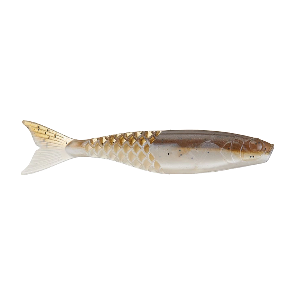 Berkley Powerbait Power Stinger, leurre souple nu sans hameçon, dos brun doré à écailles marquées et paillettes noires, ventre blanc nacré, queue fourchue en V à lobe doré