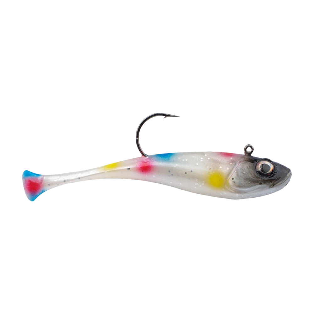 Berkley Powerbait Power Switch, minnow souple nacré pailleté à pois jaunes, roses et bleus, tête grise à œil 3D, queue palette bleue et rose, monté sur plombée avancée avec anneau sur le dessus et hameçon simple sortant du dos