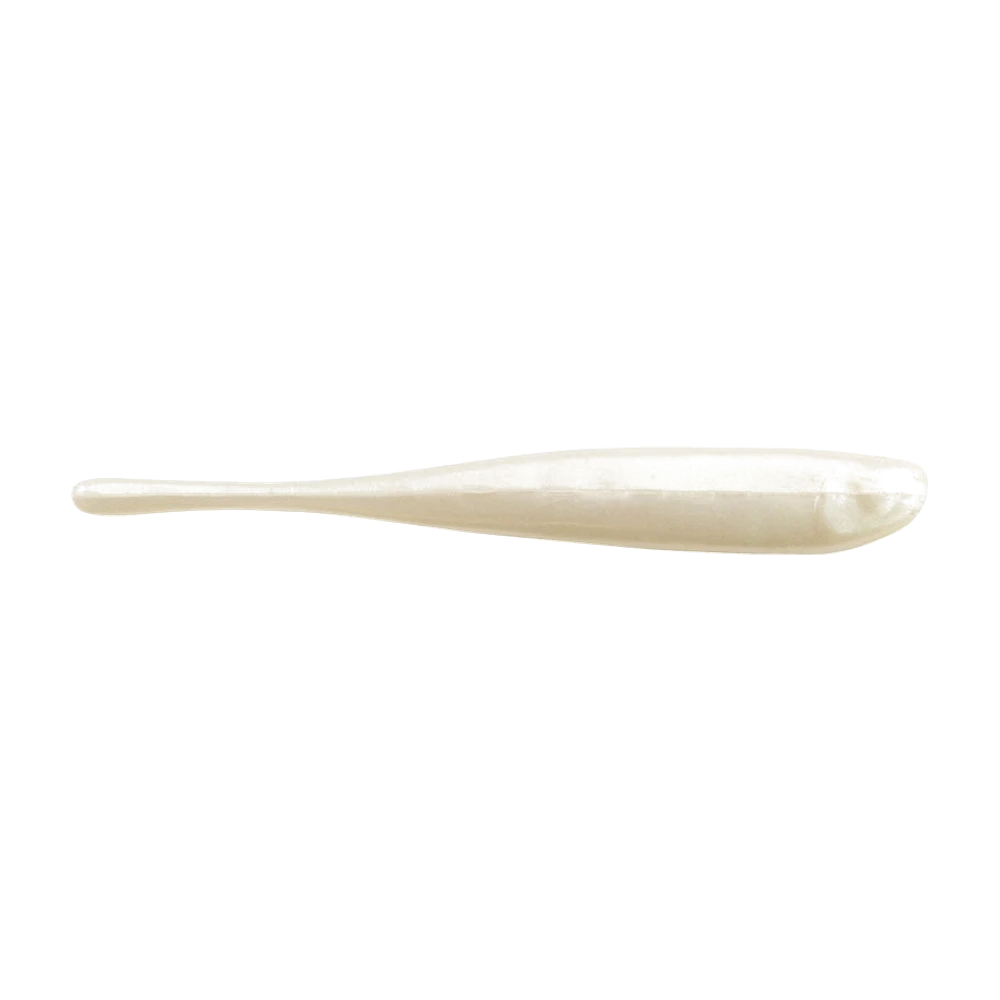 Berkley Powerbait Pro Twitchtail Minnow blanc nacré, leurre souple élancé terminé par une longue queue fine et plate, photographié nu sans hameçon