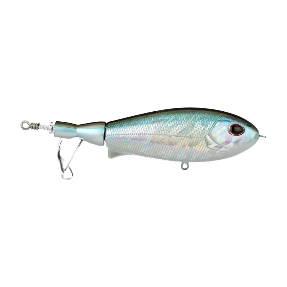 Berkley Screamin' Choppo de profil, corps large de type shad à dos olive et flancs nacrés holographiques écaillés, gros œil rouge, insert de queue chromé prolongé d'une hélice plastique translucide, porte-hameçons ventraux nus