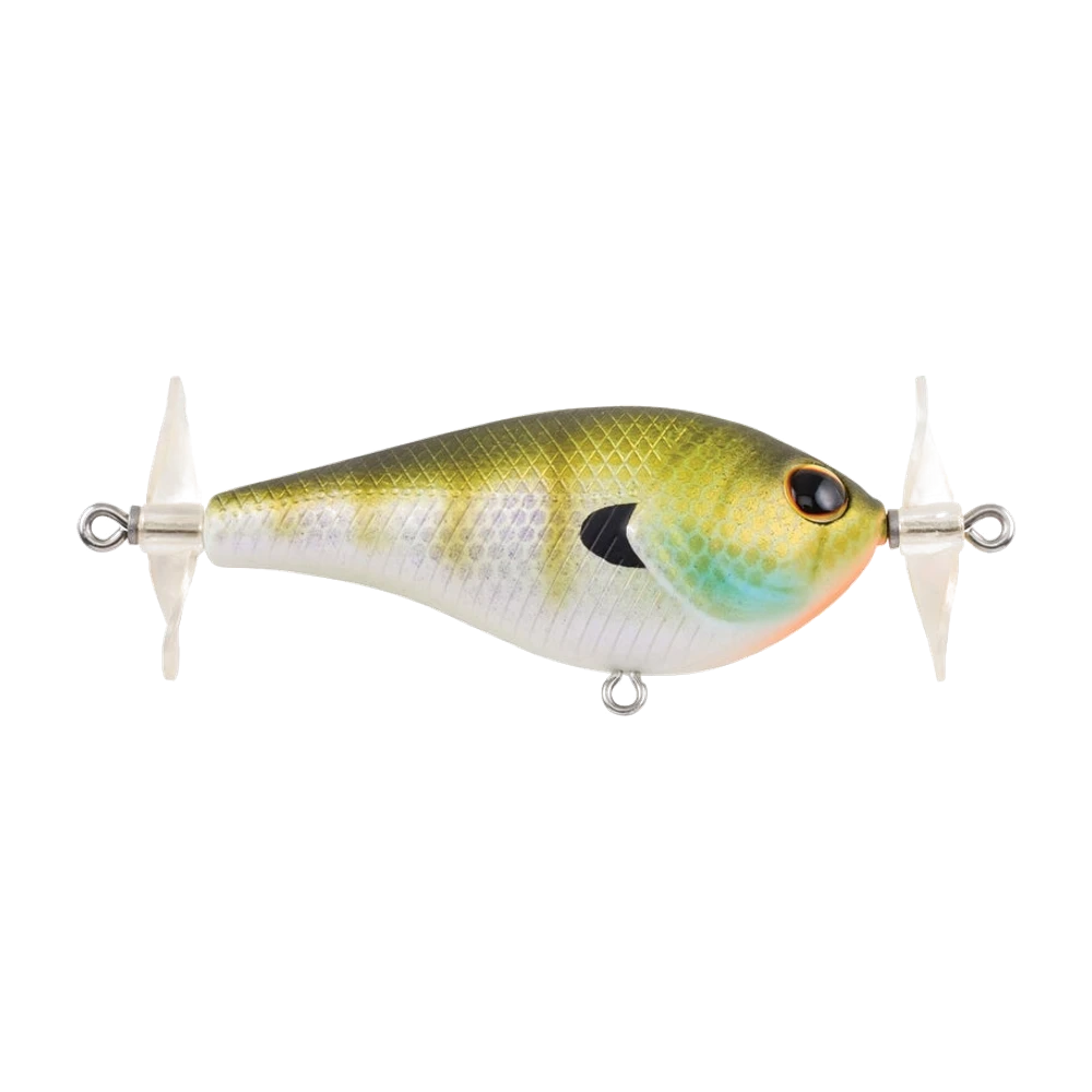 Berkley Spin Bomb di profilo, corpo corto e alto con livrea bluegill (dorso oliva dorato squamato e barrato di scuro, fianchi perlati, guancia blu-verde, gola arancione, macchia nera dell'opercolo, grande occhio arancione), due grandi eliche di plastica bianche davanti e dietro, portaamo ventrale nudo