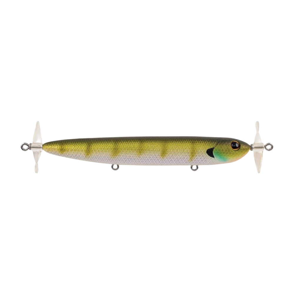 Berkley Spin Rocket de profil, corps long et fin au dos vert doré barré de sombre, flancs et ventre blanc nacré, gorge noire soulignée de turquoise près de la tête, œil doré à pupille noire, deux hélices plastique blanches translucides au nez et à la queue, deux porte-hameçons ventraux nus