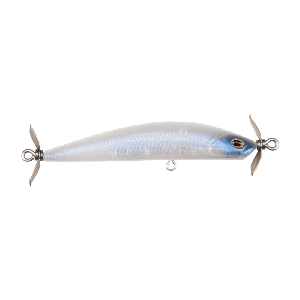 Berkley SPY Spinbait con dorso blu e fianchi perlati argentati a squame quadrettate, elica metallica davanti e dietro, occhio 3D dorato e anellino ventrale nudo senza ancoretta montata