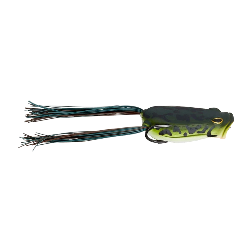 Berkley Swamp Lord Popping Frog de profil, dos vert sombre marbré de noir, flancs jaune chartreuse tachetés de noir, ventre blanc, œil doré, double hameçon plaqué contre le corps et longue jupe silicone sarcelle et brune