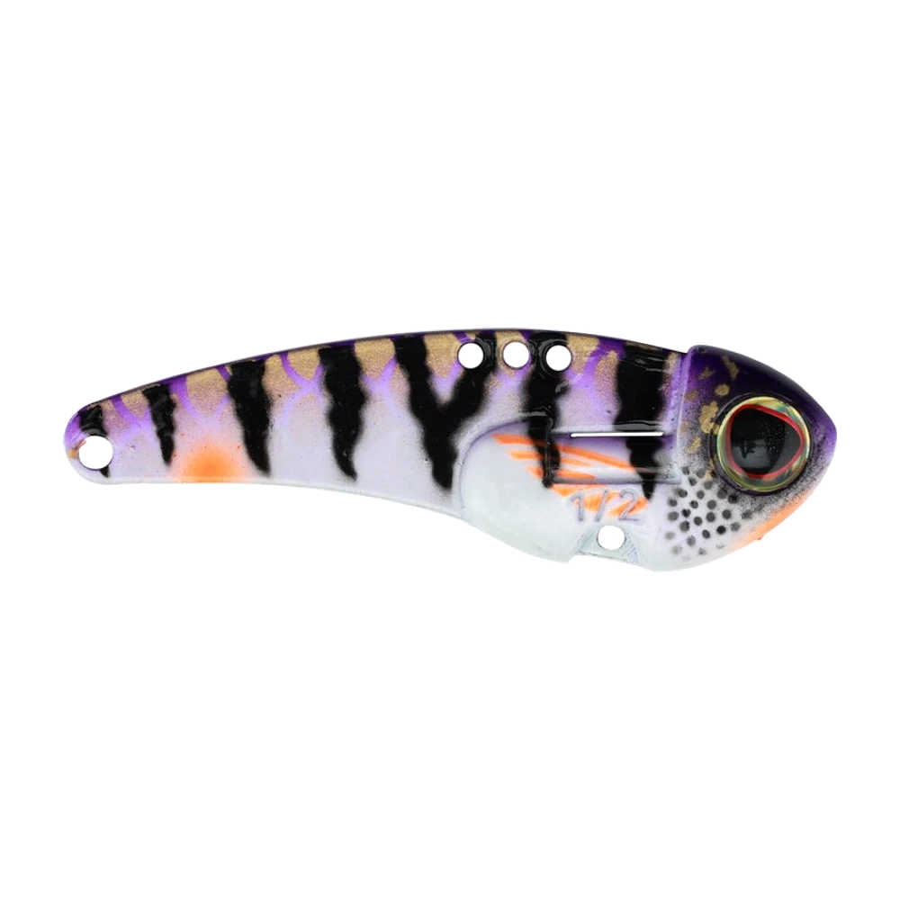 Berkley Thin Fisher, lame métallique nue en forme de shad, dos violet rayé de noir et rehaussé d'or, flanc blanc nacré, touches orange, gros œil 3D à iris rouge, trois trous de traction alignés sur le dos et la mention 1/2 imprimée sur le flanc