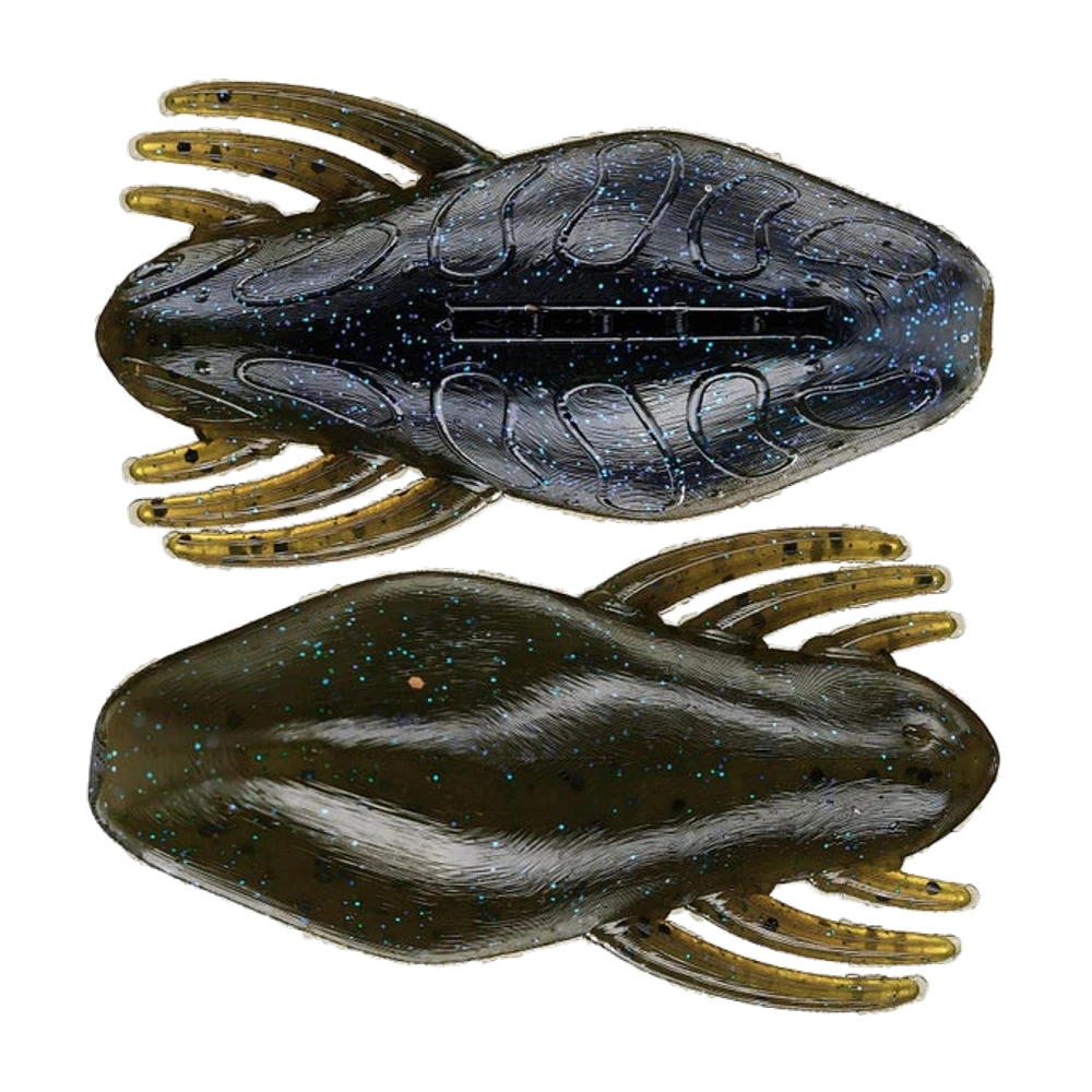 Deux Big Bite Baits Best Skipper Ever vus à plat, corps large et ovale aplati ; l'un bleu-nuit à paillettes bleues avec des nervures sculptées et une fente longitudinale sur le dos, l'autre vert olive pailleté avec une large bande ventrale crème ; quatre courts appendices ambrés mouchetés de noir de chaque côté