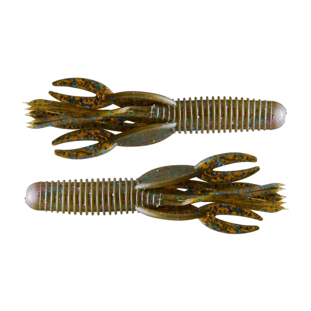 Deux Big Bite Baits Craw Tube non montés, coloris vert pumpkin olive à paillettes bleues violettes et cuivrées, corps de tube annelé à tête pleine arrondie, pinces plates et tentacules à l'arrière