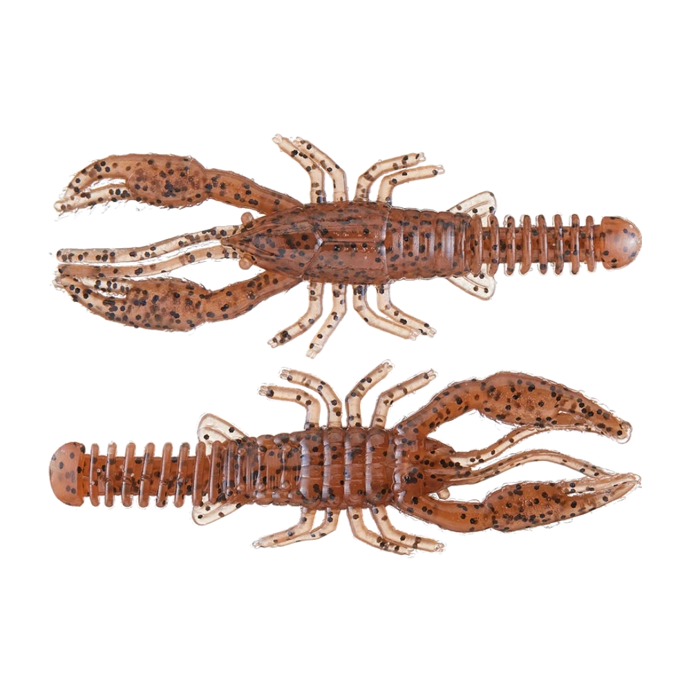 Deux Big Bite Baits Craw Worm non montés, coloris brun cannelle translucide à paillettes noires avec pattes et pinces crème, carapace segmentée, antennes, pinces fendues et queue annelée terminée par un bulbe arrondi
