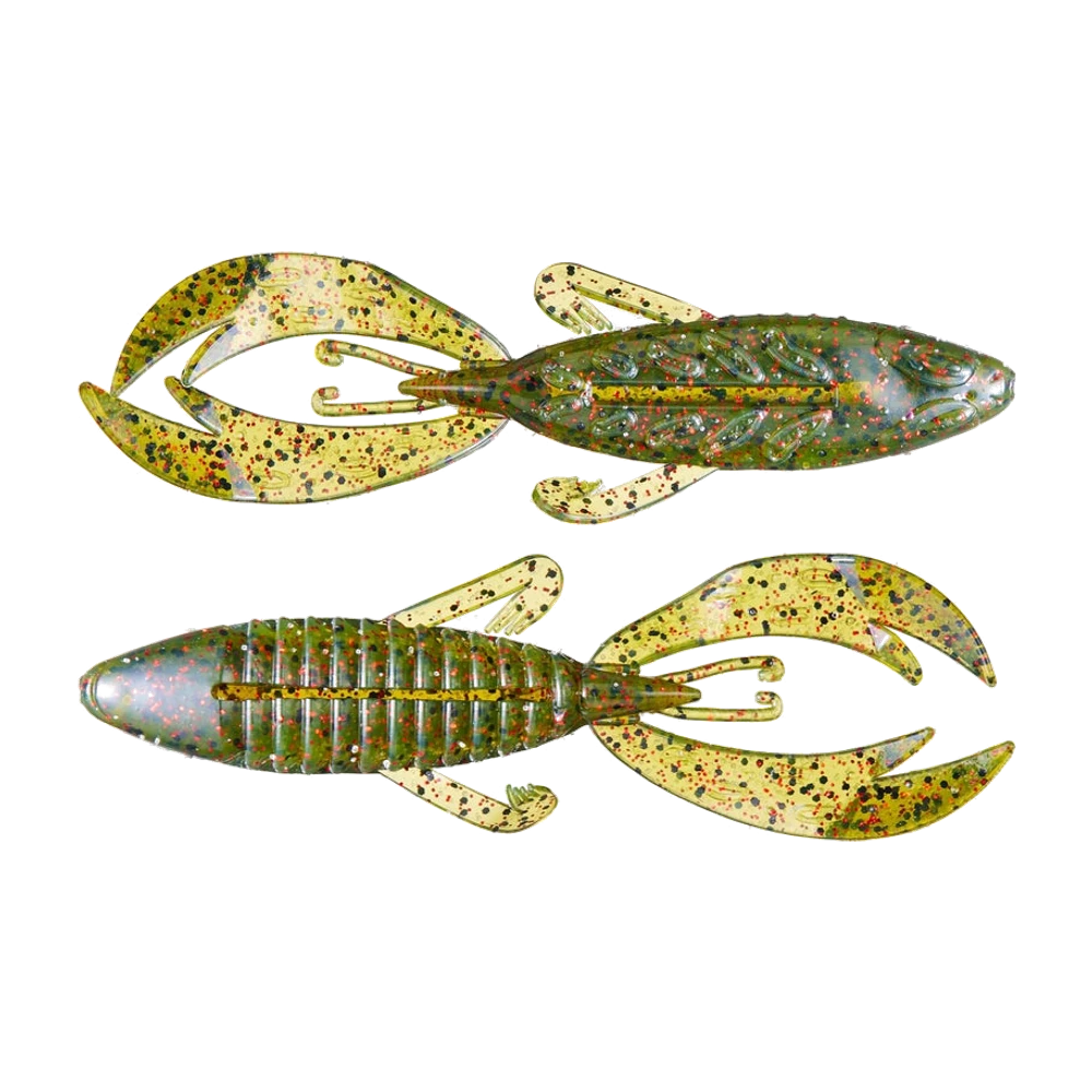Deux Big Bite Baits Fighting Frog non montées, coloris vert pastèque translucide à paillettes rouges noires et dorées avec appendices vert chartreuse clair, l'une montrant la gorge dorsale, l'autre le ventre annelé à rainure centrale, deux grandes pattes arrière courbes et deux petites pattes avant