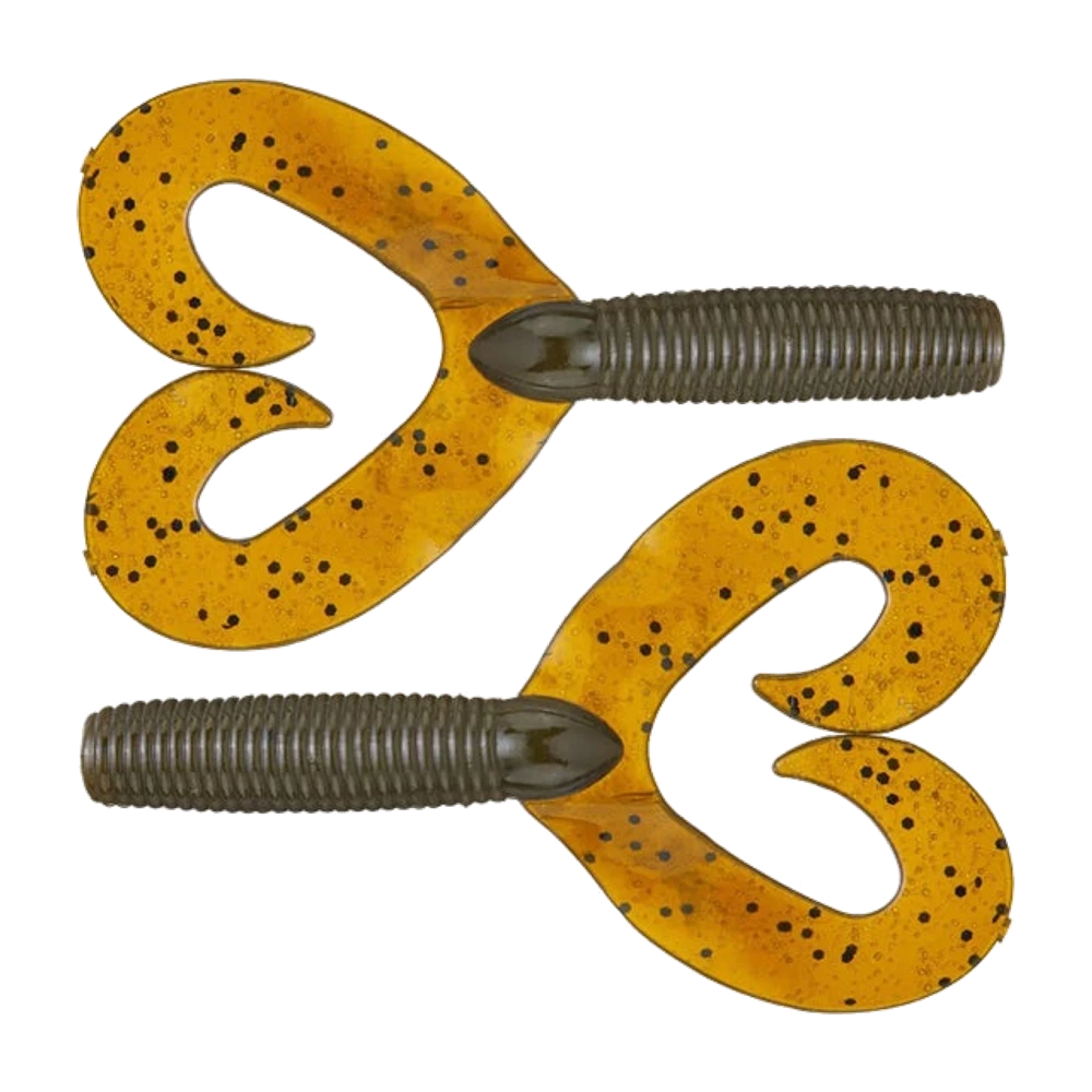 Due Big Bite Baits Double Tail Finesse Grub non innescati, corpo cilindrico anellato verde oliva scuro con muso arrotondato e due code arricciate arancio ambra translucido con glitter nero