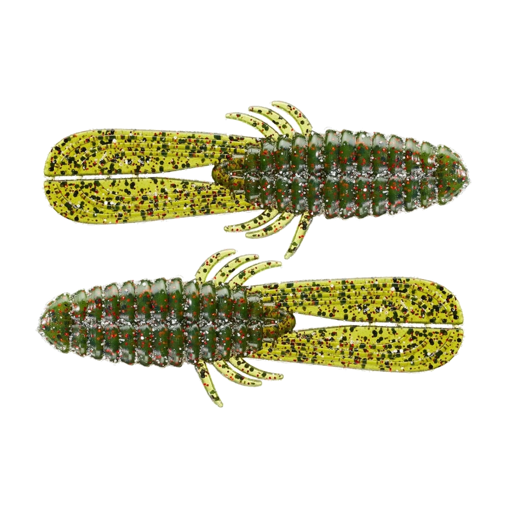 Deux Big Bite Baits FAFO nus posés à plat, corps annelé vert pumpkin pailleté de rouge, noir et argent, large flapper de queue chartreuse translucide fendu en deux lamelles