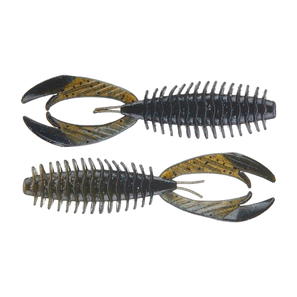 Deux Big Bite Baits Fighting Craw nus posés à plat, corps beaver noir pailleté bleu hérissé de grosses nervures inclinées vers l'avant, pinces plates bicolores noir et doré, deux antennes fines