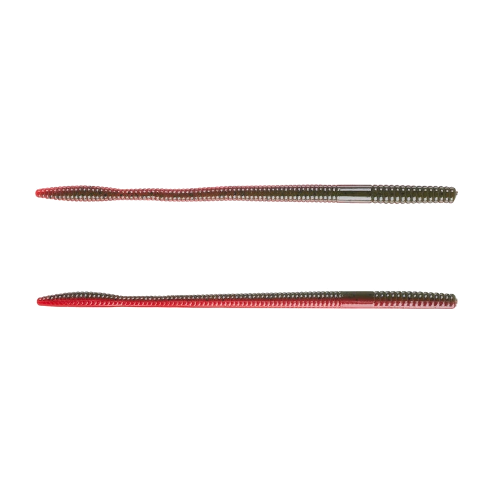 Zwei nackte Big Bite Baits Finesse Worms flach liegend, über die ganze Länge geriffelt, zweifarbig laminiert mit olivgrünem Rücken und leuchtend rotem Bauch, spitz zulaufender gerader Schwanz
