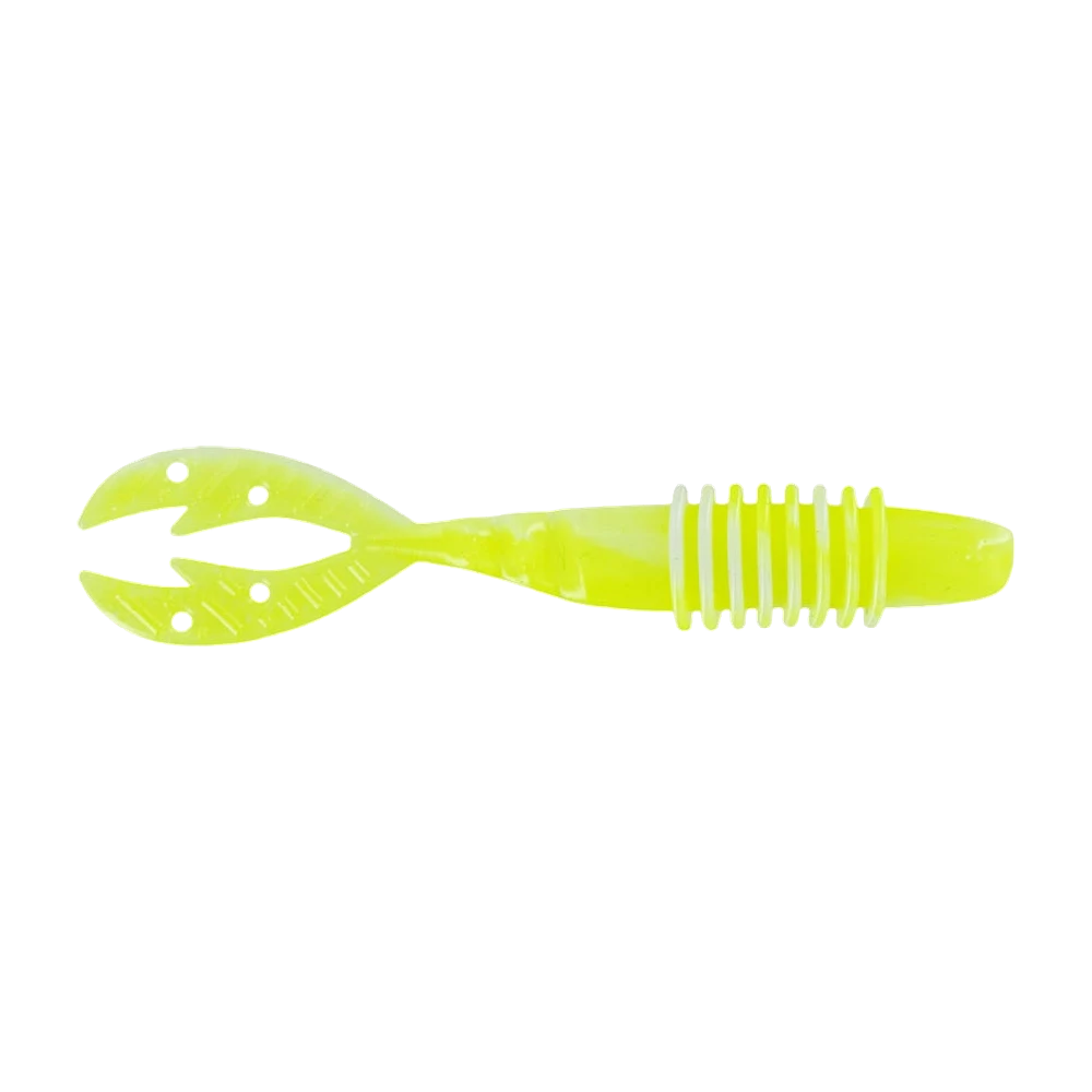 Big Bite Baits Kamikaze Swimon nu photographié de profil, corps chartreuse nacré au profil vertical, section avant cerclée de nervures blanches, corps segmenté et double queue plate percée de petits trous ronds