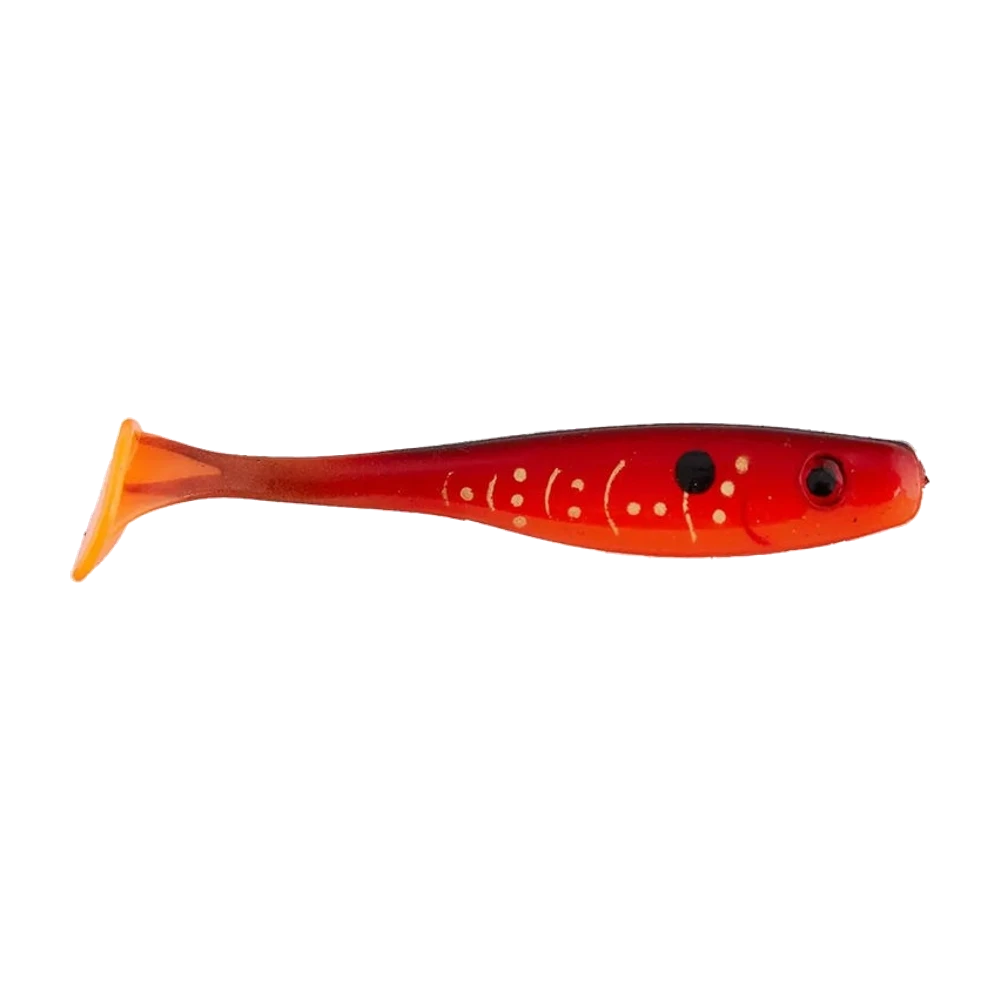 Big Bite Baits Suicide Shad nu sans hameçon, corps translucide rouge et orange à dos sombre, flanc marqué de points et de traits crème, œil 3D moulé, pédoncule très fin et queue paddle orange