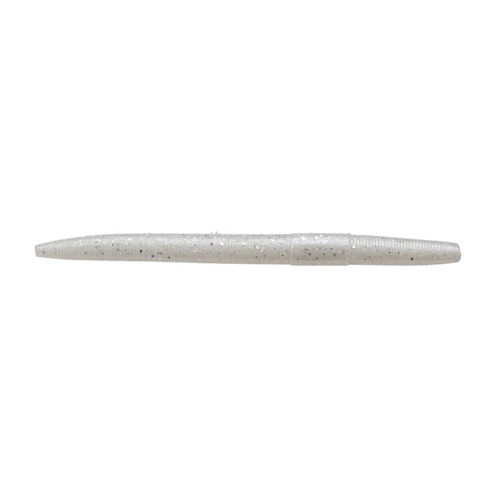 Big Bite Baits Trick Stick nu sans hameçon, corps cylindrique annelé effilé aux deux extrémités, finition blanc perle translucide chargée de paillettes argentées