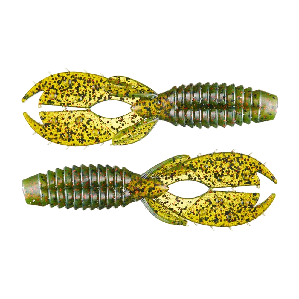 Deux Big Bite Baits Yomama posés tête-bêche, corps annelé vert olive translucide à paillettes noires et rouges, grosses pinces plates jaune doré mouchetées, fins appendices latéraux, leurres nus sans hameçon