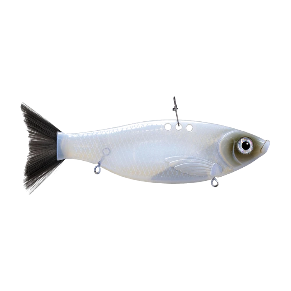 Bill Lewis Big Gizz in Perlweiß mit oliv-goldenem Rücken, geschupptem Gizzard-Shad-Körper und großem Auge, schwarzer Faserschwanz, nackt fotografiert ohne montierte Drillinge, nur mit den zwei rotierenden Bauchhaltern und dem Rückenkarabiner