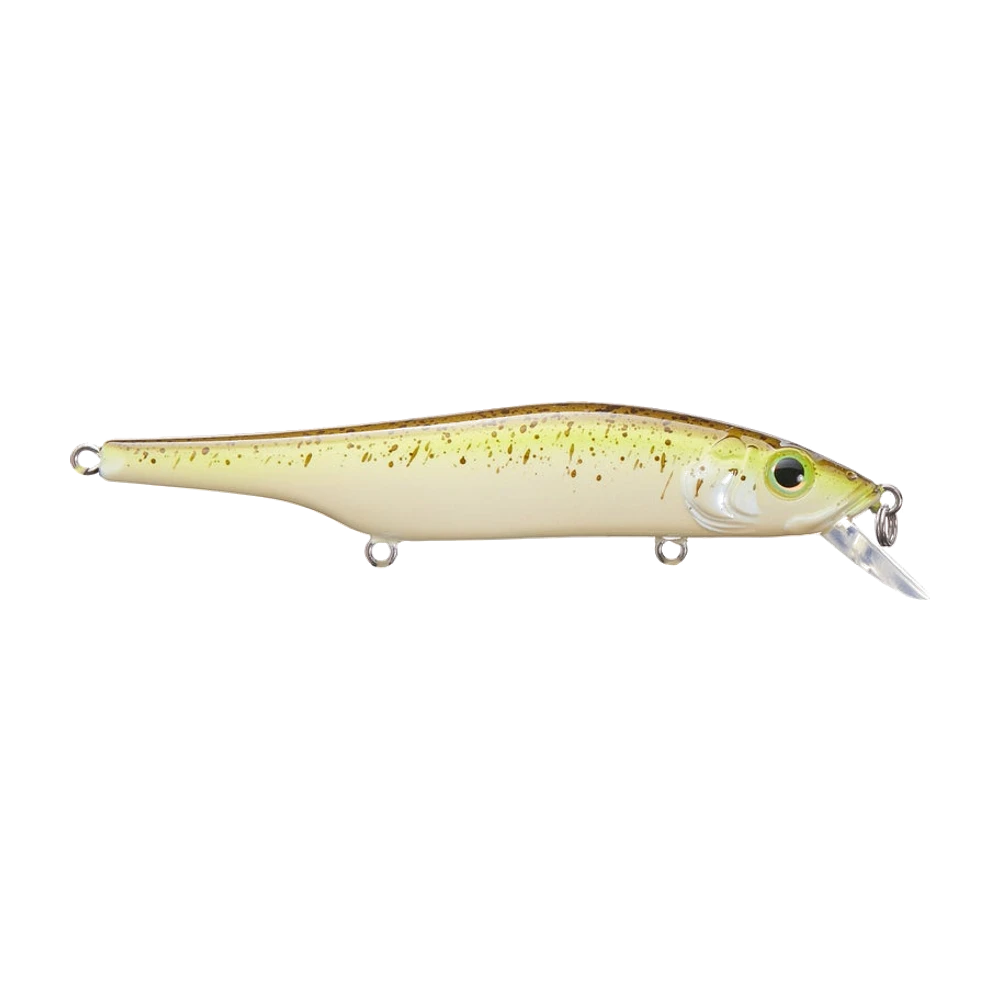 Bill Lewis Scope-Stik 100 SP, corps allongé à flancs plats, dos olive doré moucheté de brun, ventre crème, joue vert chartreuse, gros œil 3D jaune, petite bavette translucide, photographié sans triples