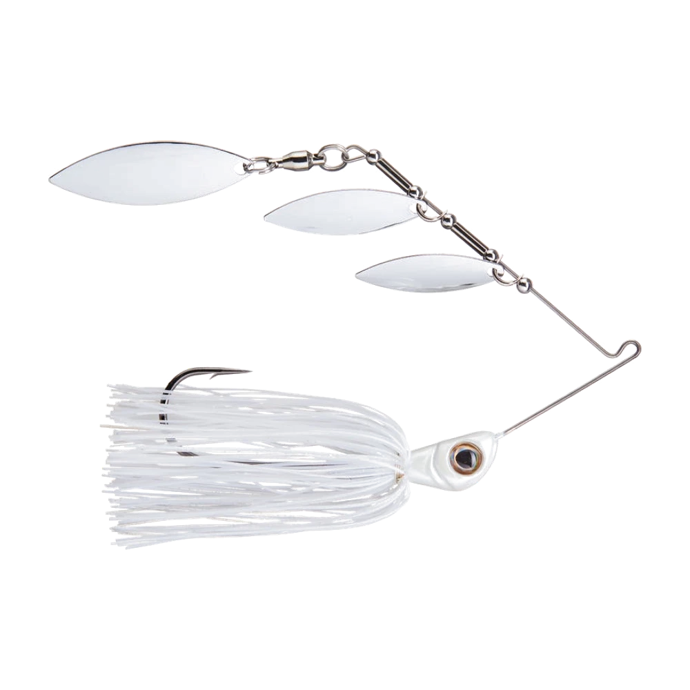 Spinnerbait Bizz Baits Fall Fry entièrement blanc, trois palettes willow nickel de tailles décroissantes étagées sur le bras, jupe fine blanche avec quelques brins holographiques, tête blanche à œil 3D cuivré, hameçon simple nickel noir apparent au-dessus de la jupe